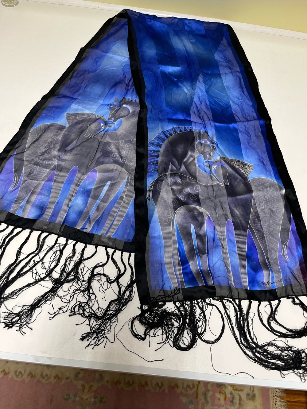 Laurel Burch Blue and Black Silk Fringe Scarf with Horse Motif